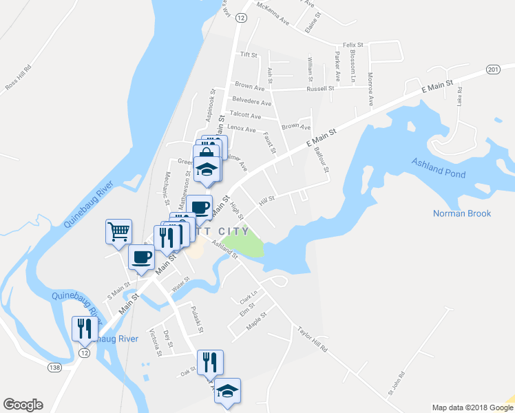map of restaurants, bars, coffee shops, grocery stores, and more near Wilson Street & Hill Street in Griswold