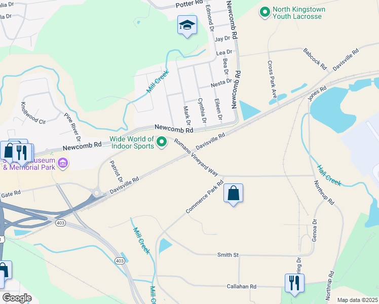 map of restaurants, bars, coffee shops, grocery stores, and more near Davisville Road in North Kingstown