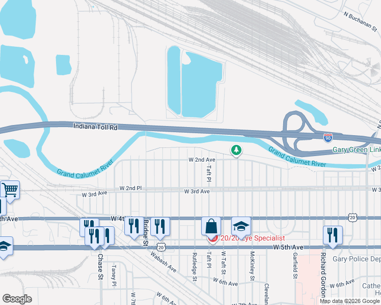 map of restaurants, bars, coffee shops, grocery stores, and more near 105 Rutledge Street in Gary