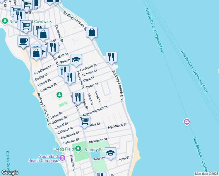 map of restaurants, bars, coffee shops, grocery stores, and more near 54 Butler Street in New Bedford