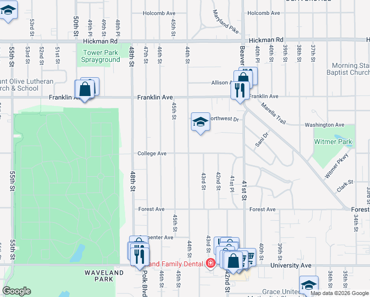map of restaurants, bars, coffee shops, grocery stores, and more near 1620 44th Street in Des Moines