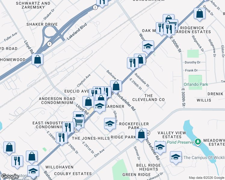 map of restaurants, bars, coffee shops, grocery stores, and more near 1455 Rockefeller Road in Wickliffe