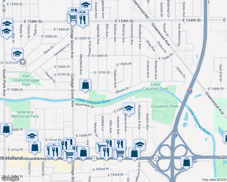 map of restaurants, bars, coffee shops, grocery stores, and more near 15741 Ellis Avenue in Dolton