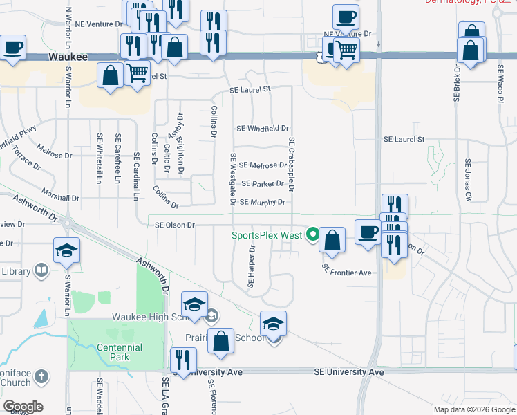 map of restaurants, bars, coffee shops, grocery stores, and more near 655 Southeast Murphy Drive in Waukee
