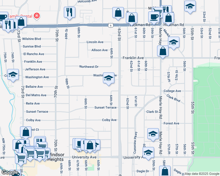 map of restaurants, bars, coffee shops, grocery stores, and more near 6401 College Avenue in Windsor Heights