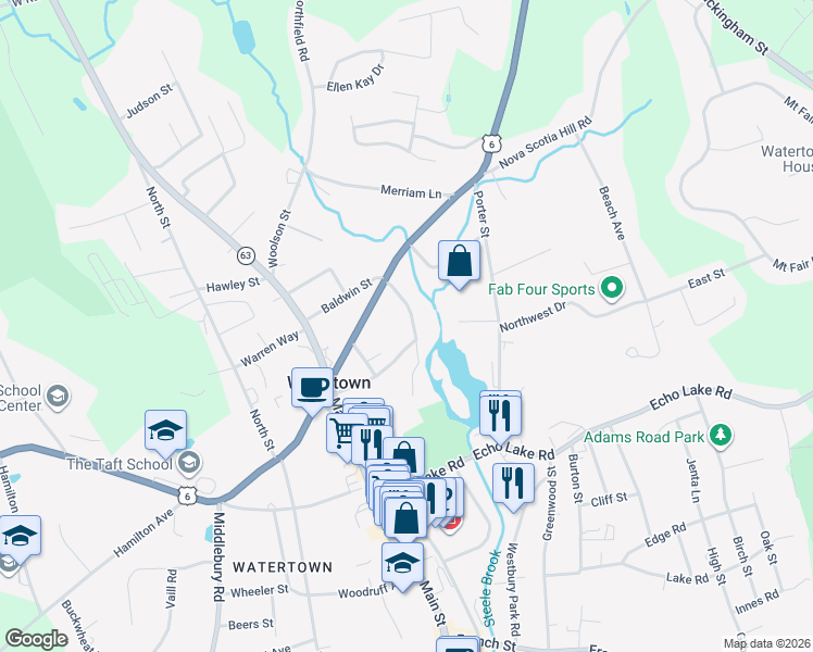 map of restaurants, bars, coffee shops, grocery stores, and more near 30 Steele Brook Road in Watertown