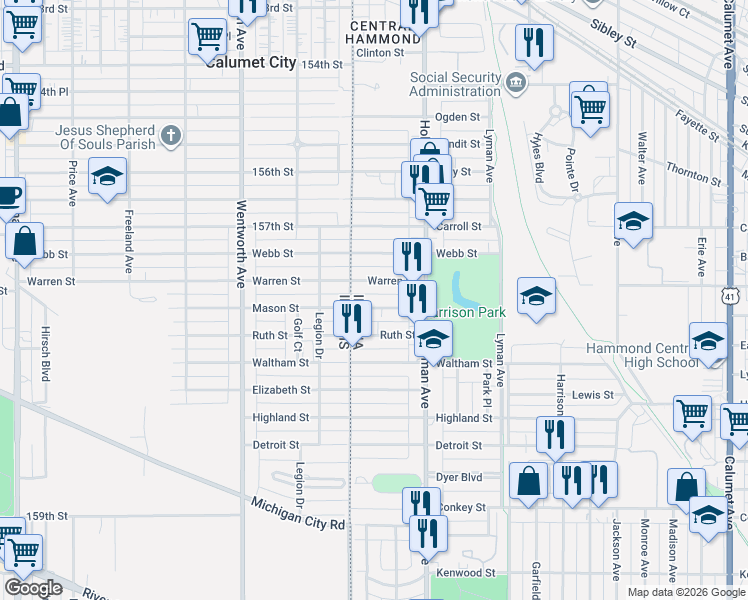 map of restaurants, bars, coffee shops, grocery stores, and more near 40 Warren Street in Hammond