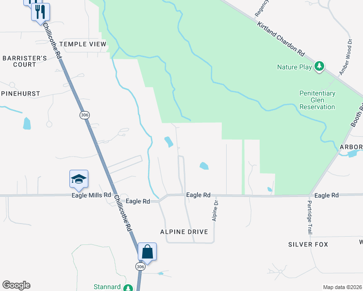 map of restaurants, bars, coffee shops, grocery stores, and more near 8307 Eagle Road in Kirtland