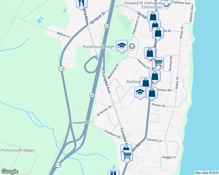 map of restaurants, bars, coffee shops, grocery stores, and more near 275 Turnpike Avenue in Portsmouth