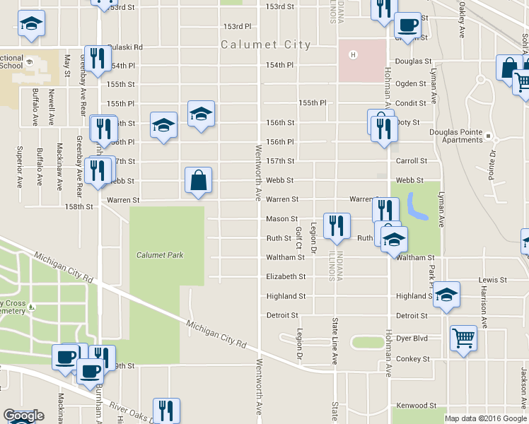 map of restaurants, bars, coffee shops, grocery stores, and more near 921 Wentworth Avenue in Calumet City