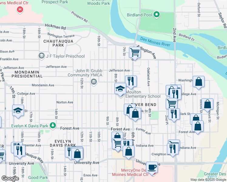 map of restaurants, bars, coffee shops, grocery stores, and more near 1604 8th Street in Des Moines