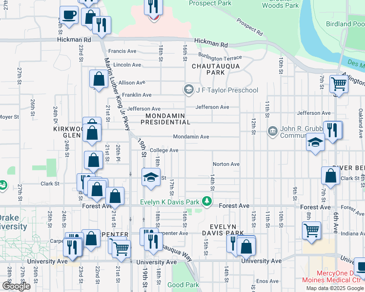 map of restaurants, bars, coffee shops, grocery stores, and more near 1540 Mondamin Avenue in Des Moines