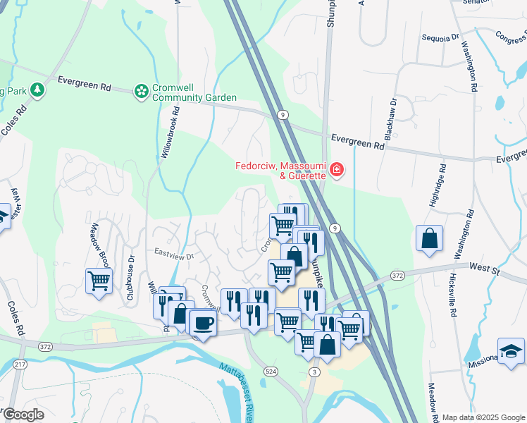 map of restaurants, bars, coffee shops, grocery stores, and more near 240 Skyview Drive in Cromwell