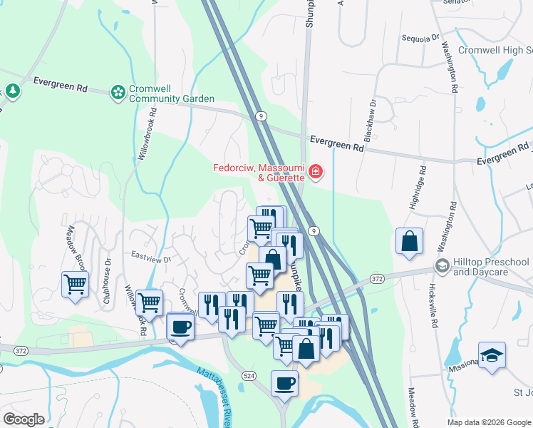 map of restaurants, bars, coffee shops, grocery stores, and more near 1220 Cromwell Hills Drive in Cromwell