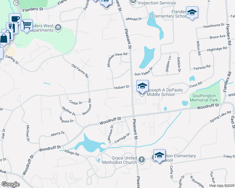 map of restaurants, bars, coffee shops, grocery stores, and more near 548 Hobart Street in Southington