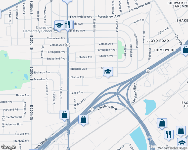 map of restaurants, bars, coffee shops, grocery stores, and more near 781 East 266th Street in Euclid