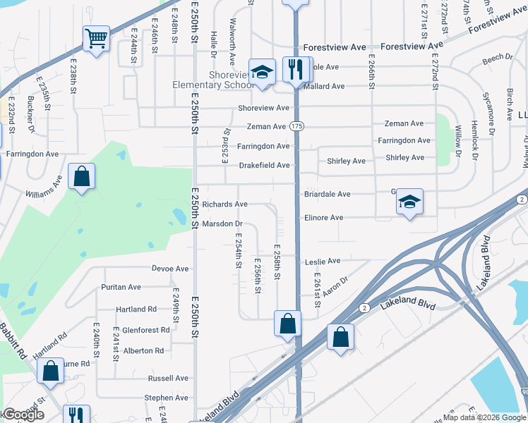 map of restaurants, bars, coffee shops, grocery stores, and more near 25601 Richards Avenue in Euclid