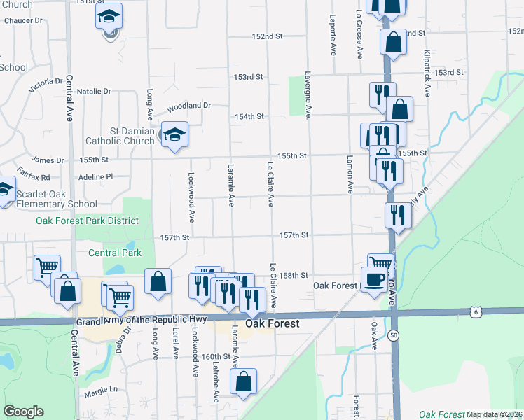 map of restaurants, bars, coffee shops, grocery stores, and more near 5101 156th Street in Oak Forest