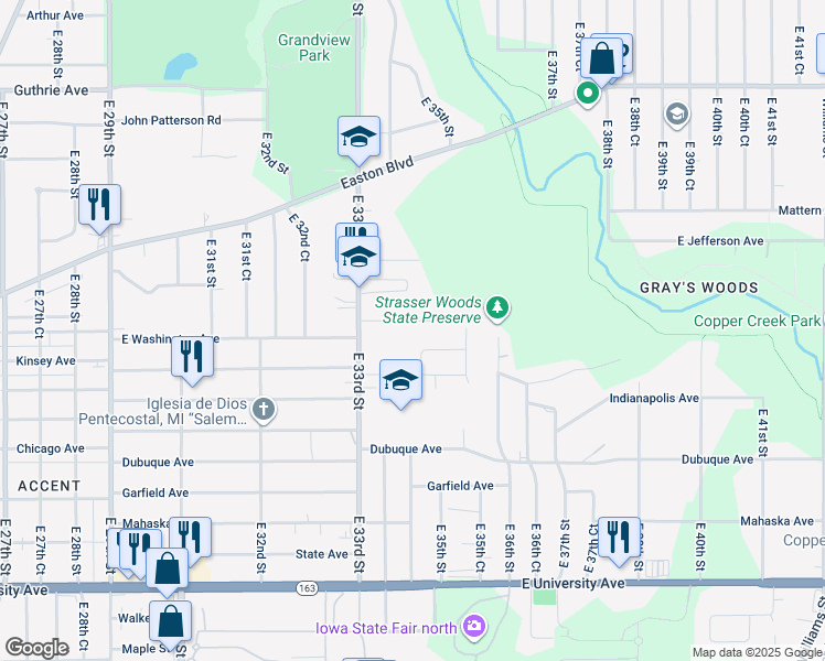 map of restaurants, bars, coffee shops, grocery stores, and more near 3416 East Washington Avenue in Des Moines