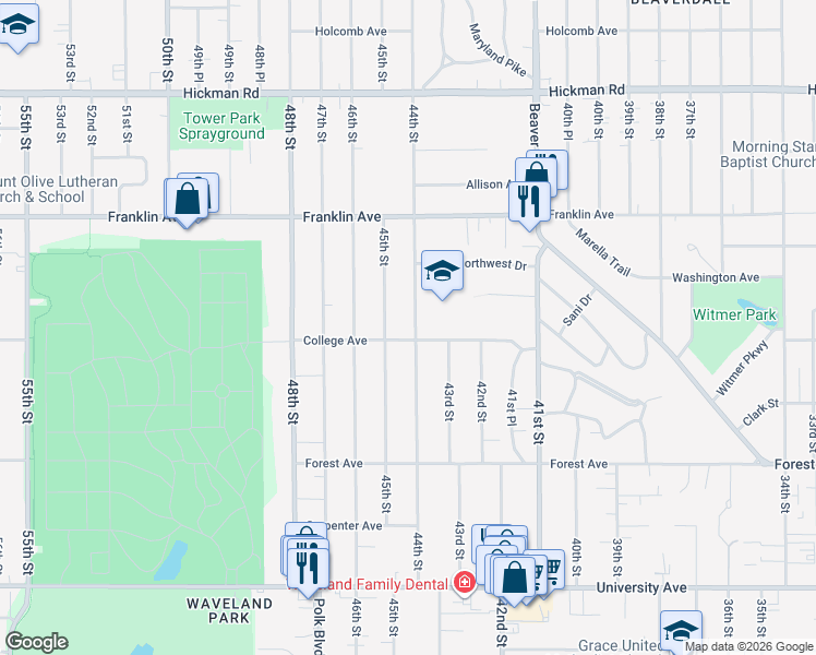 map of restaurants, bars, coffee shops, grocery stores, and more near 1620 44th Street in Des Moines