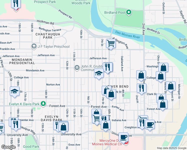 map of restaurants, bars, coffee shops, grocery stores, and more near 1604 8th Street in Des Moines