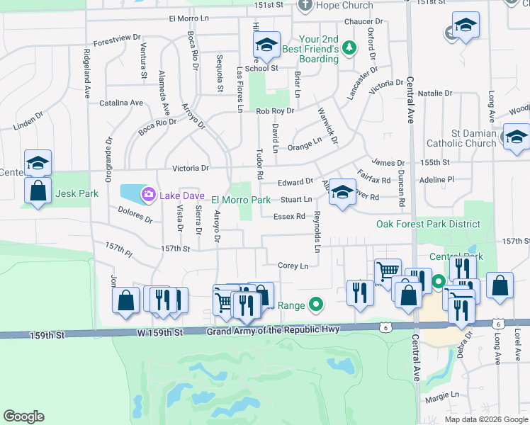 map of restaurants, bars, coffee shops, grocery stores, and more near 5936 Essex Road in Oak Forest