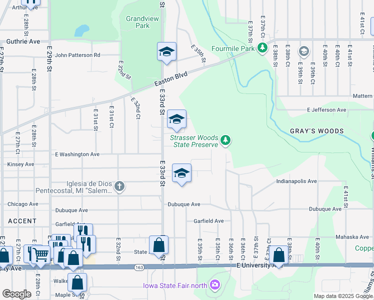 map of restaurants, bars, coffee shops, grocery stores, and more near 3416 East Washington Avenue in Des Moines