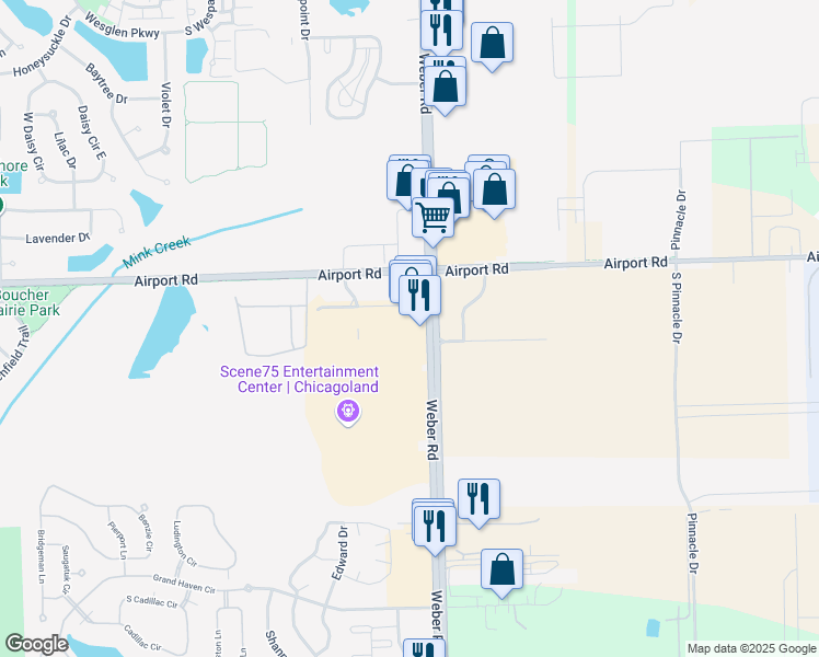 map of restaurants, bars, coffee shops, grocery stores, and more near 414 South Weber Road in Romeoville
