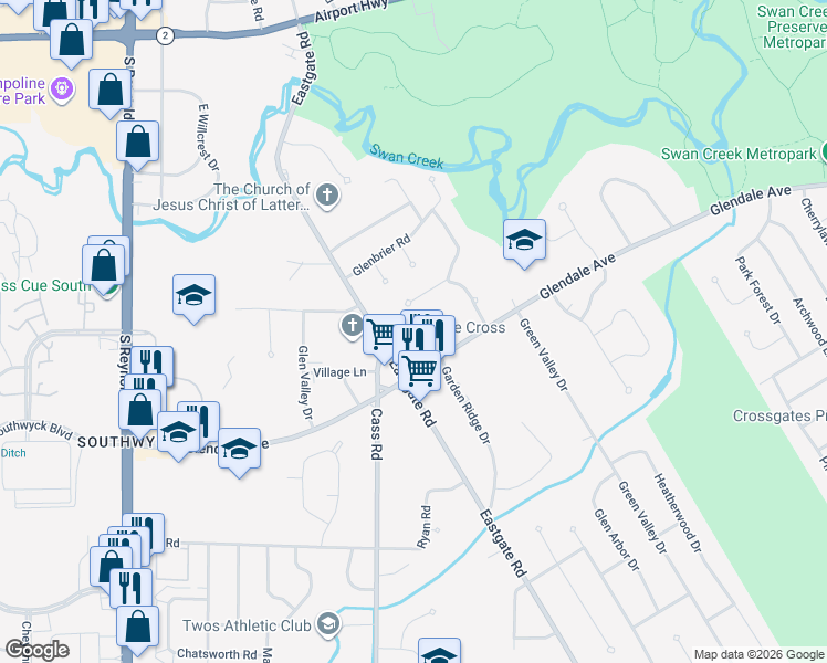 map of restaurants, bars, coffee shops, grocery stores, and more near 4711 Valley Ridge Court in Toledo
