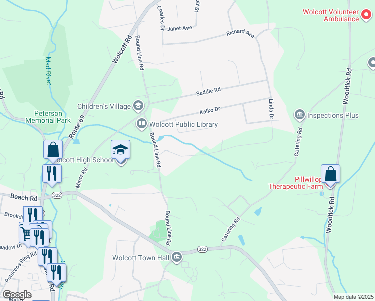 map of restaurants, bars, coffee shops, grocery stores, and more near 24 Deer Run Drive in Wolcott