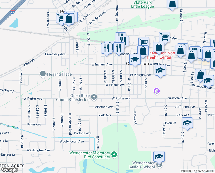 map of restaurants, bars, coffee shops, grocery stores, and more near 401 South 13th Street in Chesterton