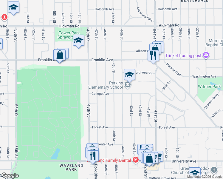 map of restaurants, bars, coffee shops, grocery stores, and more near 1620 45th Street in Des Moines
