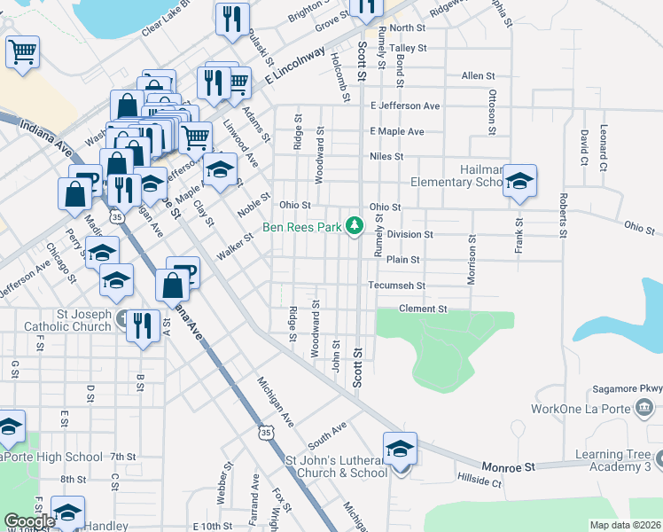 map of restaurants, bars, coffee shops, grocery stores, and more near 211 John Street in La Porte