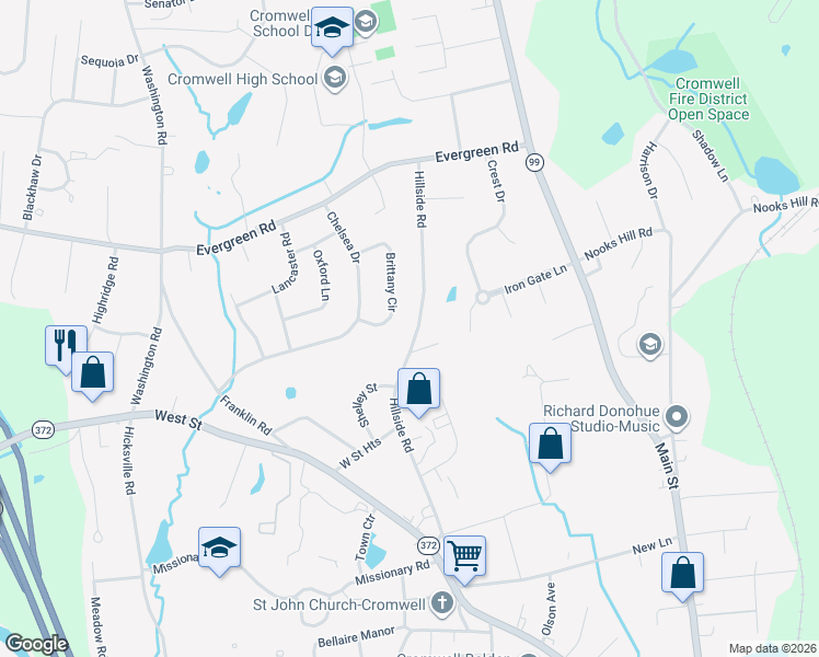 map of restaurants, bars, coffee shops, grocery stores, and more near 43 Hillside Road in Cromwell