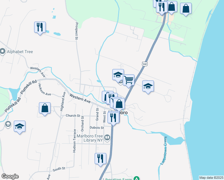 map of restaurants, bars, coffee shops, grocery stores, and more near 23 Birdsall Avenue in Marlboro