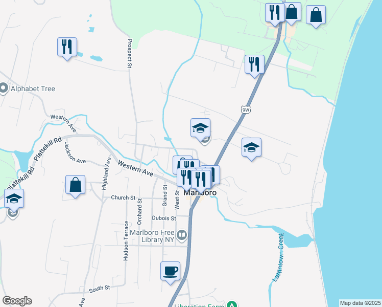 map of restaurants, bars, coffee shops, grocery stores, and more near 23 Birdsall Avenue in Marlboro