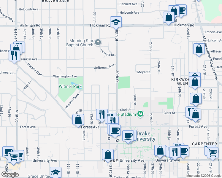 map of restaurants, bars, coffee shops, grocery stores, and more near 1616 31st Street in Des Moines