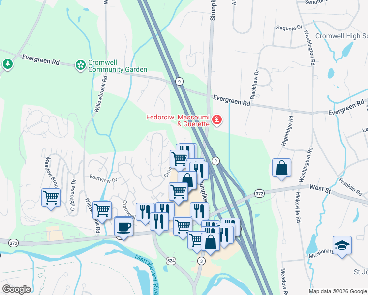 map of restaurants, bars, coffee shops, grocery stores, and more near 1000 Cromwell Hills Drive in Cromwell