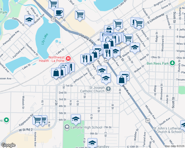 map of restaurants, bars, coffee shops, grocery stores, and more near 1108 Jefferson Avenue in La Porte