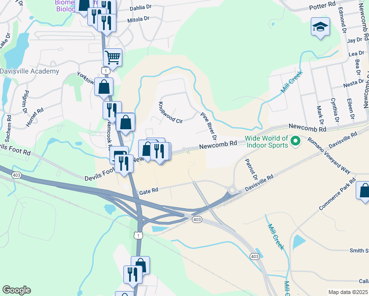 map of restaurants, bars, coffee shops, grocery stores, and more near 12 Fischer Drive in North Kingstown