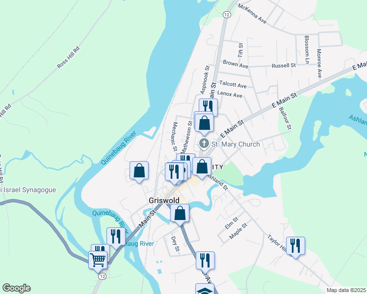 map of restaurants, bars, coffee shops, grocery stores, and more near 83 Mathewson Street in Griswold