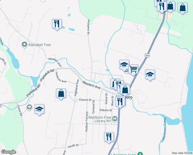 map of restaurants, bars, coffee shops, grocery stores, and more near 48 Birdsall Avenue in Marlboro