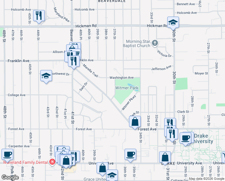 map of restaurants, bars, coffee shops, grocery stores, and more near 1624 37th Street in Des Moines