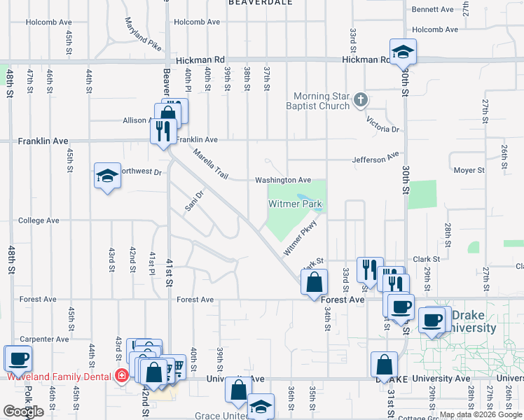 map of restaurants, bars, coffee shops, grocery stores, and more near 1624 37th Street in Des Moines