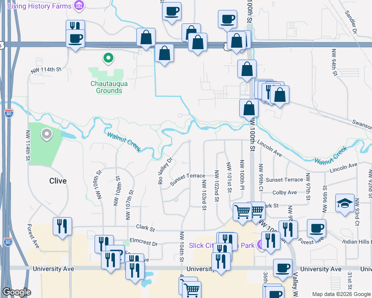 map of restaurants, bars, coffee shops, grocery stores, and more near 1806 Rio Valley Drive in Clive