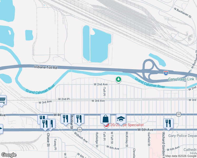 map of restaurants, bars, coffee shops, grocery stores, and more near 105 Rutledge Street in Gary