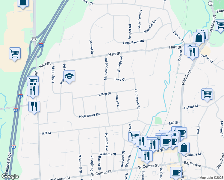 map of restaurants, bars, coffee shops, grocery stores, and more near 93 Hilltop Drive in Southington