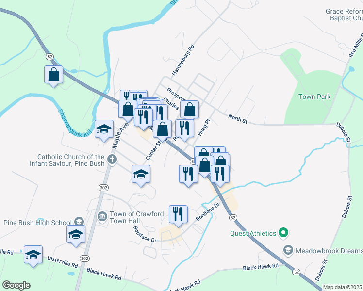 map of restaurants, bars, coffee shops, grocery stores, and more near 12 Main Street in Pine Bush