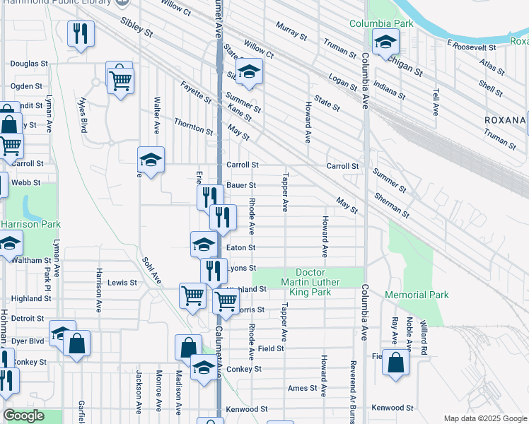 map of restaurants, bars, coffee shops, grocery stores, and more near in Hammond