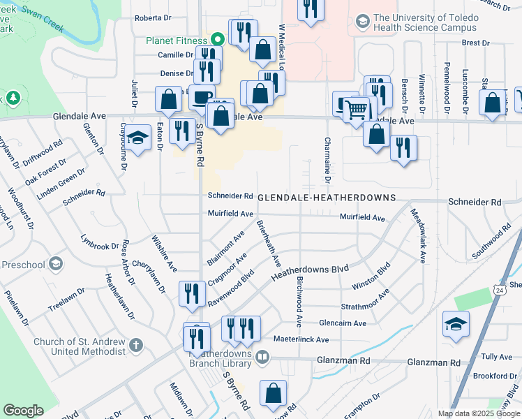 map of restaurants, bars, coffee shops, grocery stores, and more near 1701 Brierheath Avenue in Toledo